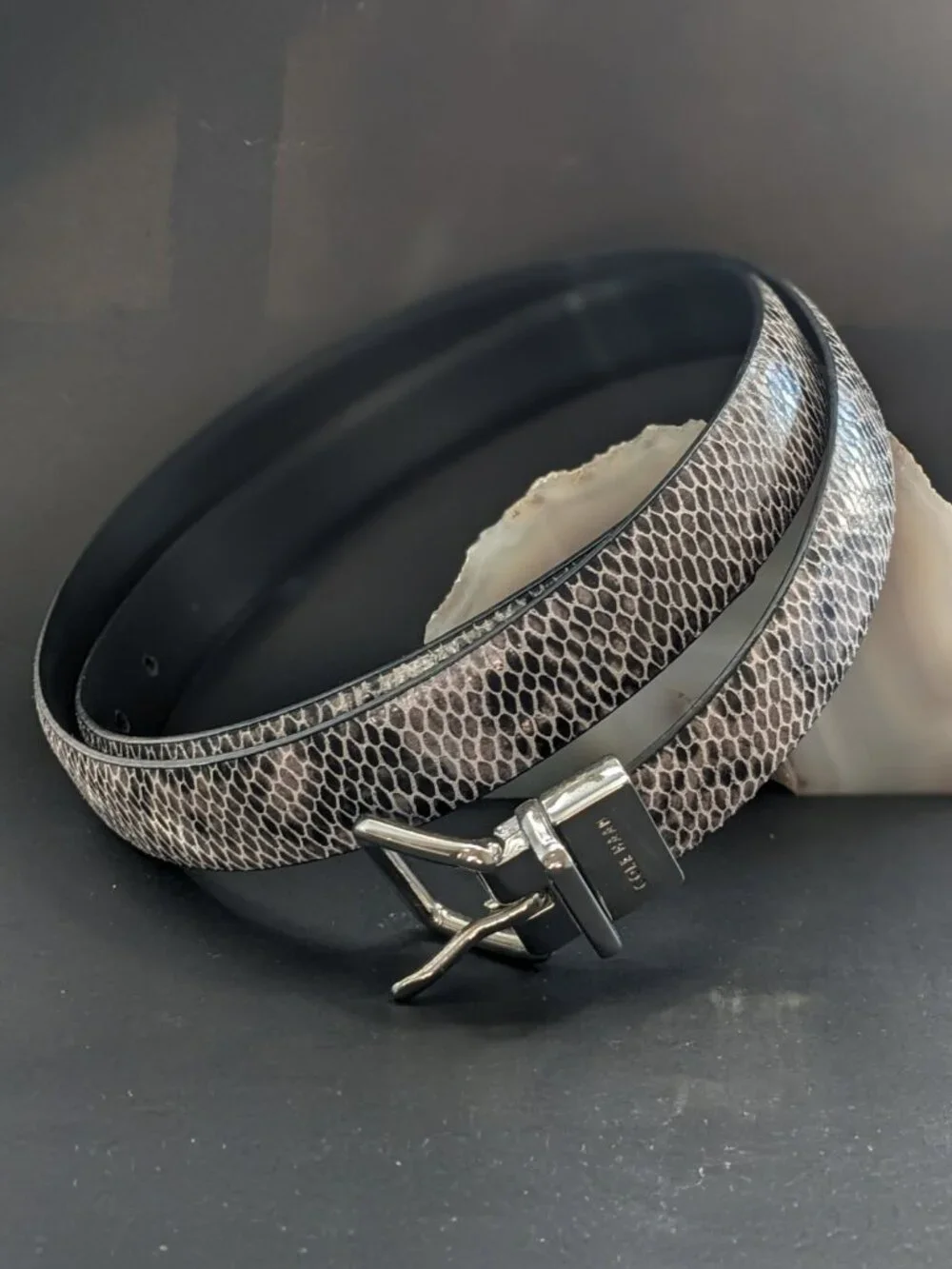 Cole Haan Reversible Python Leather Belt Silver Buckle Size L